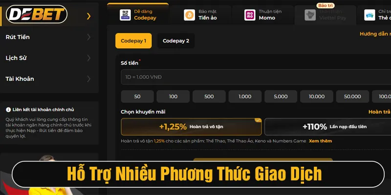 Debet hỗ trợ nhiều phương thức giao dịch tiện lợi, nhanh chóng